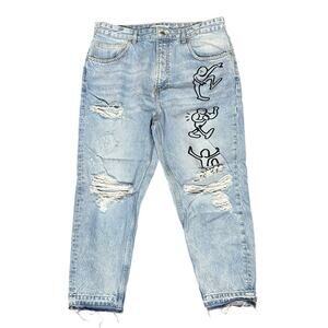 Zara Destroyed Distressed Graffitti Jeans 36 Baggy Loose Crop Womens Mens Unisex